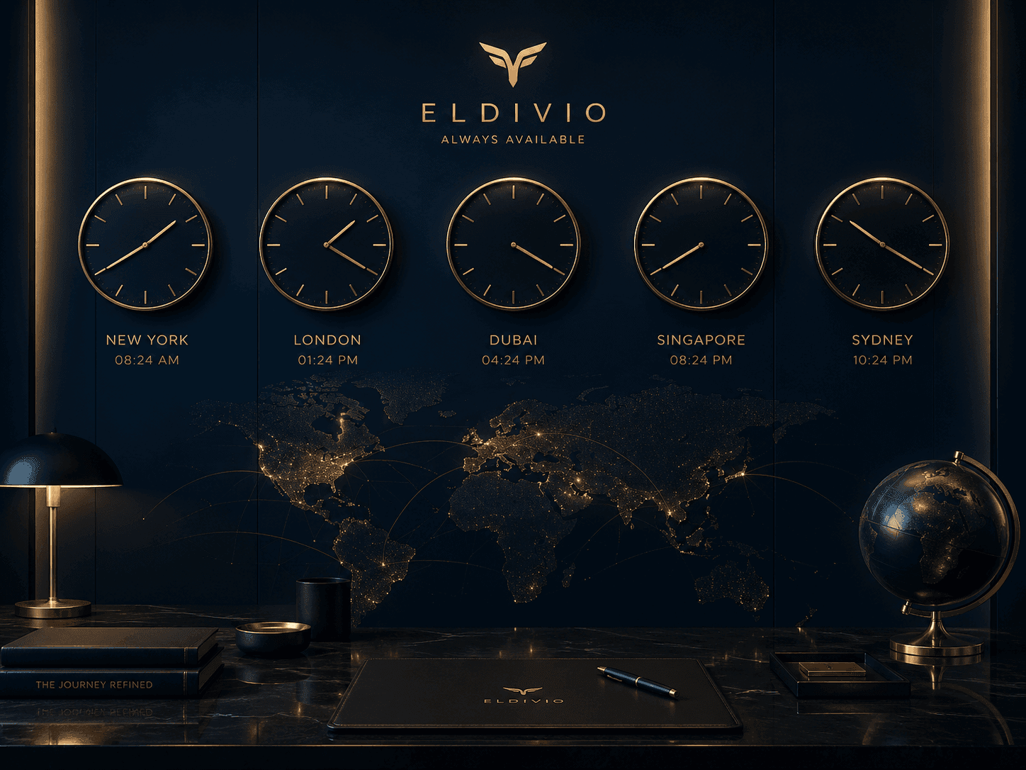 Elegant travel planning desk across different time zones